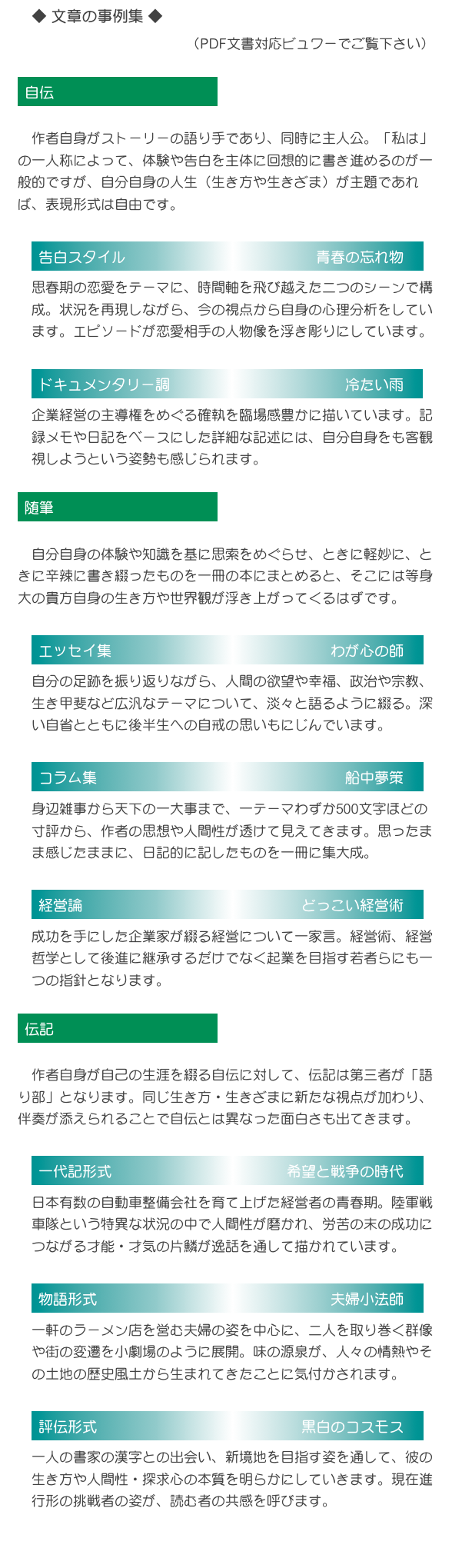 　◆ 文章の事例集 ◆
（PDF文書対応ビュワーでご覧下さい）

￼

　作者自身がストーリーの語り手であり、同時に主人公。「私は」の一人称によって、体験や告白を主体に回想的に書き進めるのが一般的ですが、自分自身の人生（生き方や生きざま）が主題であれば、表現形式は自由です。

　￼　
　思春期の恋愛をテーマに、時間軸を飛び越えた二つのシーンで構
　成。状況を再現しながら、今の視点から自身の心理分析をしてい
　ます。エピソードが恋愛相手の人物像を浮き彫りにしています。

　￼　　
　企業経営の主導権をめぐる確執を臨場感豊かに描いています。記
　録メモや日記をベースにした詳細な記述には、自分自身をも客観
　視しようという姿勢も感じられます。

￼

　自分自身の体験や知識を基に思索をめぐらせ、ときに軽妙に、ときに辛辣に書き綴ったものを一冊の本にまとめると、そこには等身大の貴方自身の生き方や世界観が浮き上がってくるはずです。

　￼　
　自分の足跡を振り返りながら、人間の欲望や幸福、政治や宗教、
　生き甲斐など広汎なテーマについて、淡々と語るように綴る。深
　い自省とともに後半生への自戒の思いもにじんでいます。

　￼　
　身辺雑事から天下の一大事まで、一テーマわずか500文字ほどの
　寸評から、作者の思想や人間性が透けて見えてきます。思ったま
　ま感じたままに、日記的に記したものを一冊に集大成。

　￼　
　成功を手にした企業家が綴る経営について一家言。経営術、経営
　哲学として後進に継承するだけでなく起業を目指す若者らにも一
　つの指針となります。

￼

　作者自身が自己の生涯を綴る自伝に対して、伝記は第三者が「語り部」となります。同じ生き方・生きざまに新たな視点が加わり、伴奏が添えられることで自伝とは異なった面白さも出てきます。

　￼　
　日本有数の自動車整備会社を育て上げた経営者の青春期。陸軍戦
　車隊という特異な状況の中で人間性が磨かれ、労苦の末の成功に
　つながる才能・才気の片鱗が逸話を通して描かれています。

　￼　
　一軒のラーメン店を営む夫婦の姿を中心に、二人を取り巻く群像
　や街の変遷を小劇場のように展開。味の源泉が、人々の情熱やそ
　の土地の歴史風土から生まれてきたことに気付かされます。

　￼　
　一人の書家の漢字との出会い、新境地を目指す姿を通して、彼の
　生き方や人間性・探求心の本質を明らかにしていきます。現在進
　行形の挑戦者の姿が、読む者の共感を呼びます。　　
